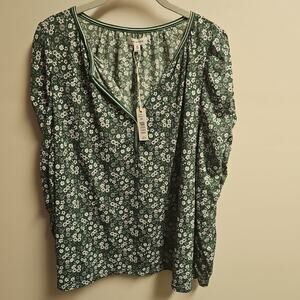 Max Studio Floral Top SZ 1X Green White Long Sleeve Boho Festival NWT MSRP $88